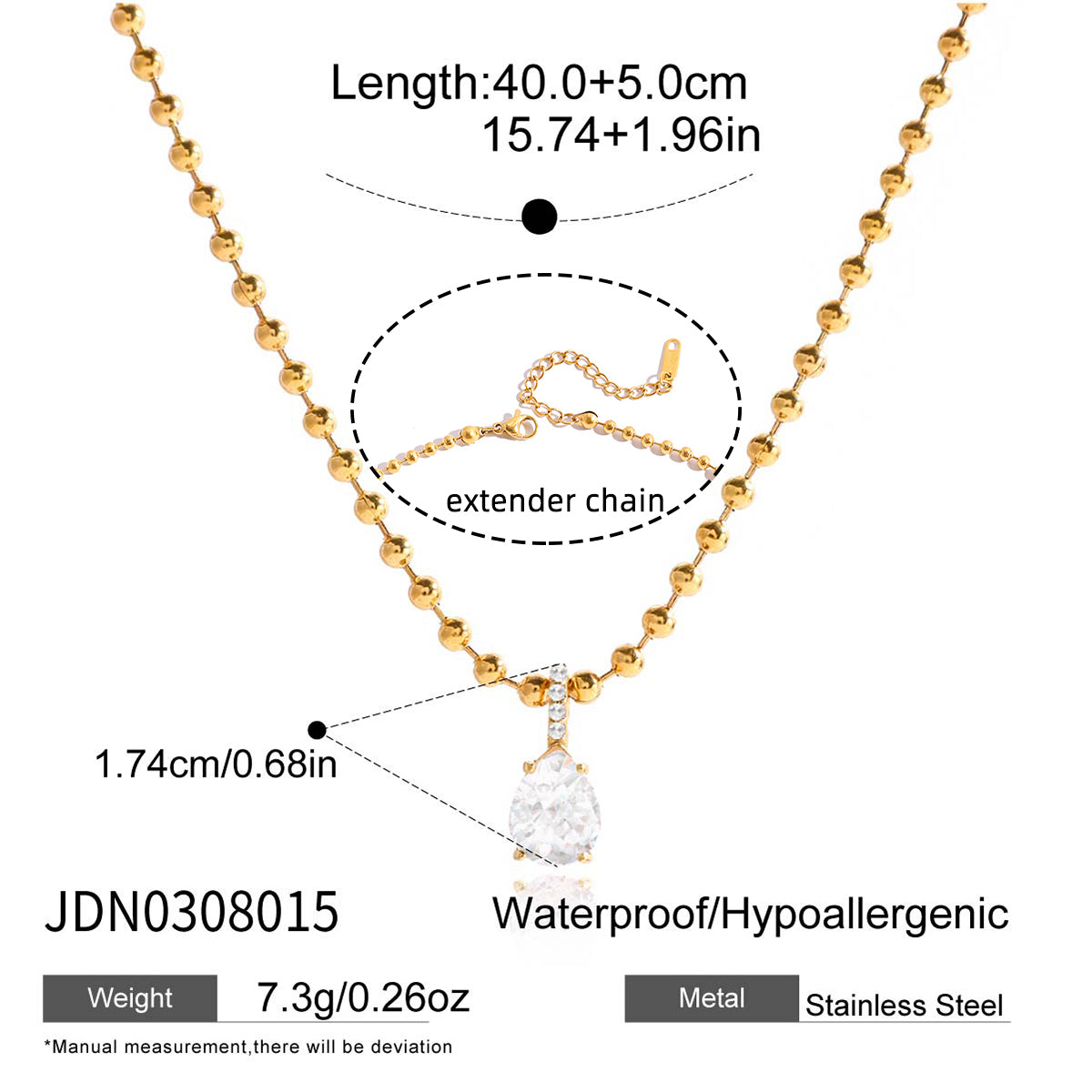 J&D Jewelry Teardrop Zirconia Pendant Ball Chain Necklace