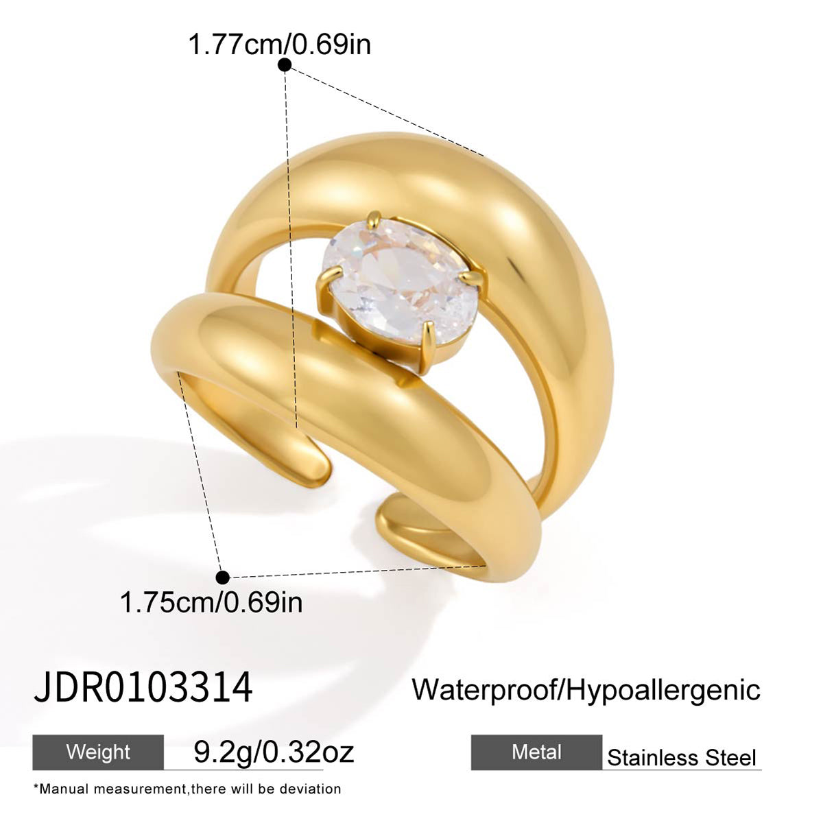 J&D Jewelry Oval Zirconia Double Layer Open Ring 18K Gold