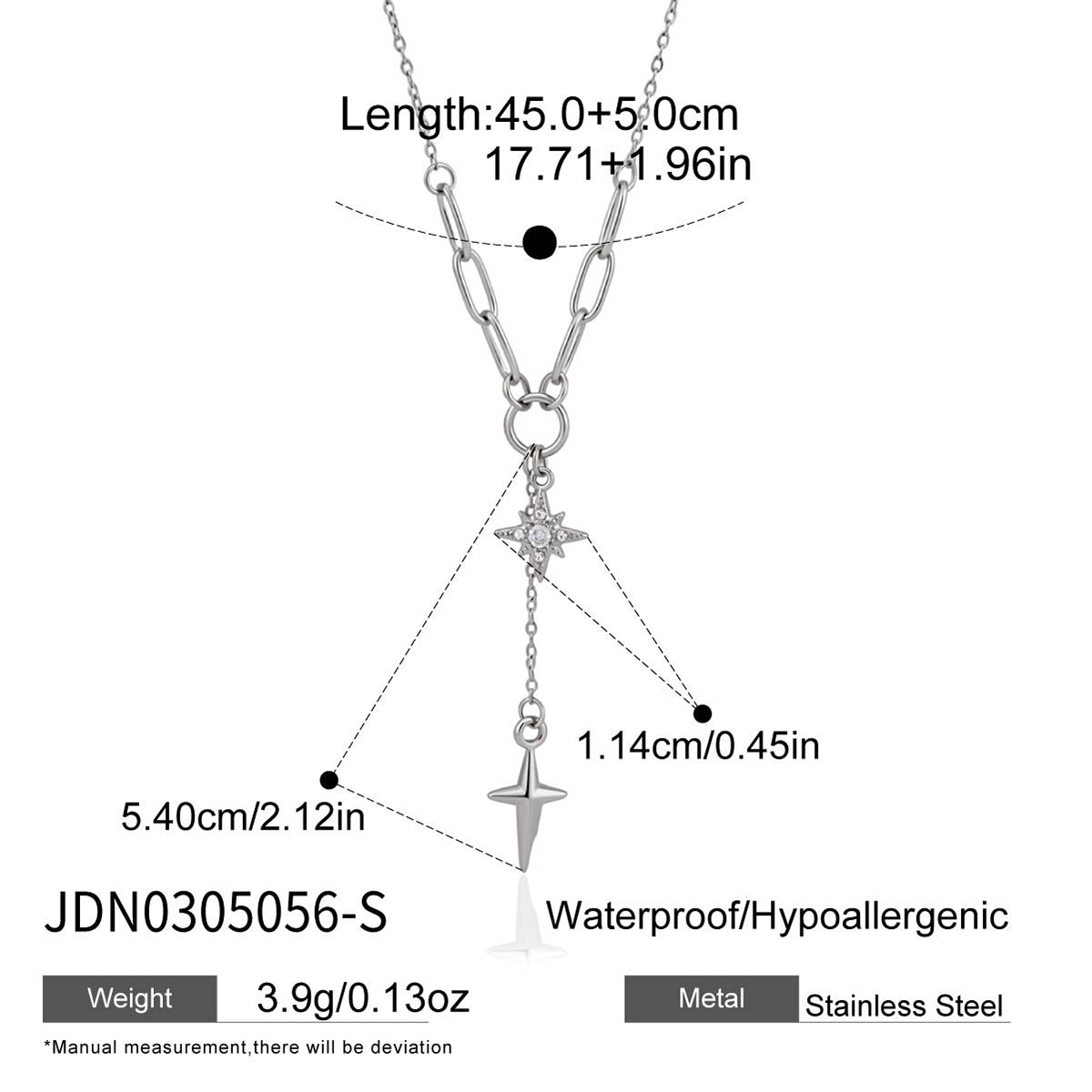 J&D Jewelry Stainless Steel North Star Necklace Sparkling Rhinestone Four Pointed Star Y Pendant Jewelry for Women Waterproof