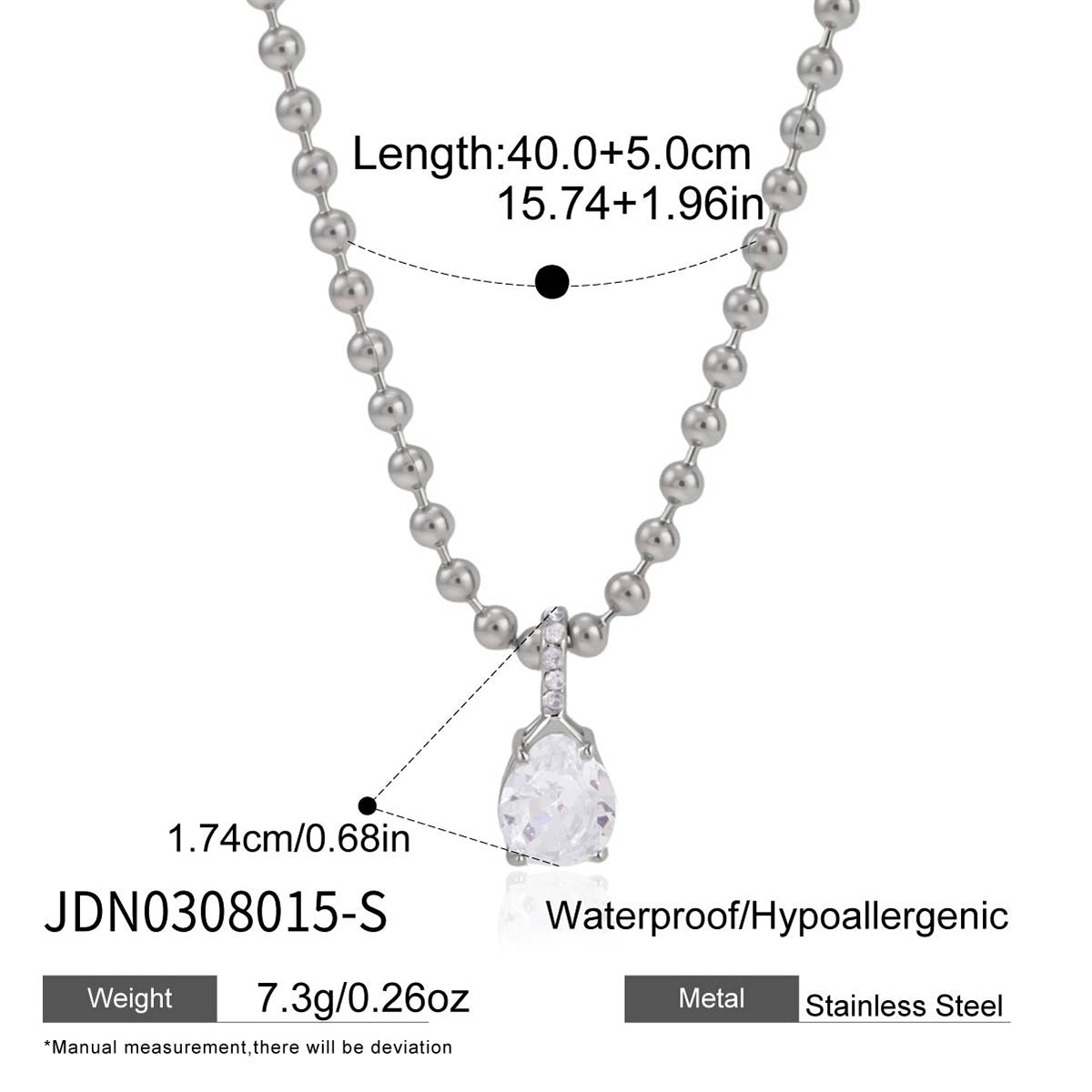 J&D Jewelry Teardrop Zirconia Pendant Ball Chain Necklace