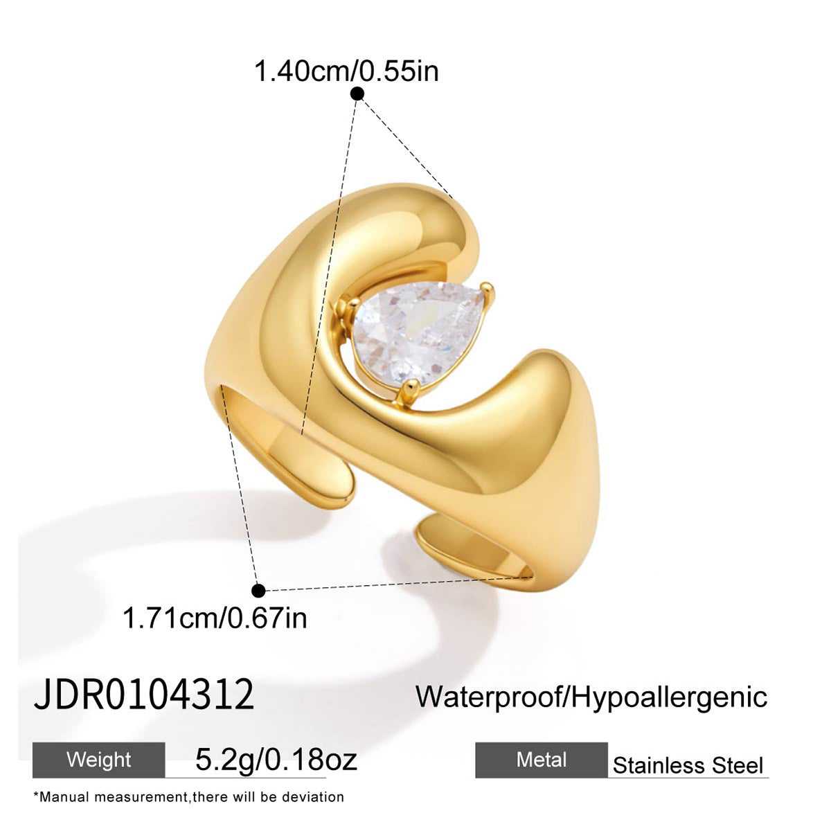 J&D Jewelry Teardrop Zirconia U-Shape Horseshoe Open Ring 18K Gold