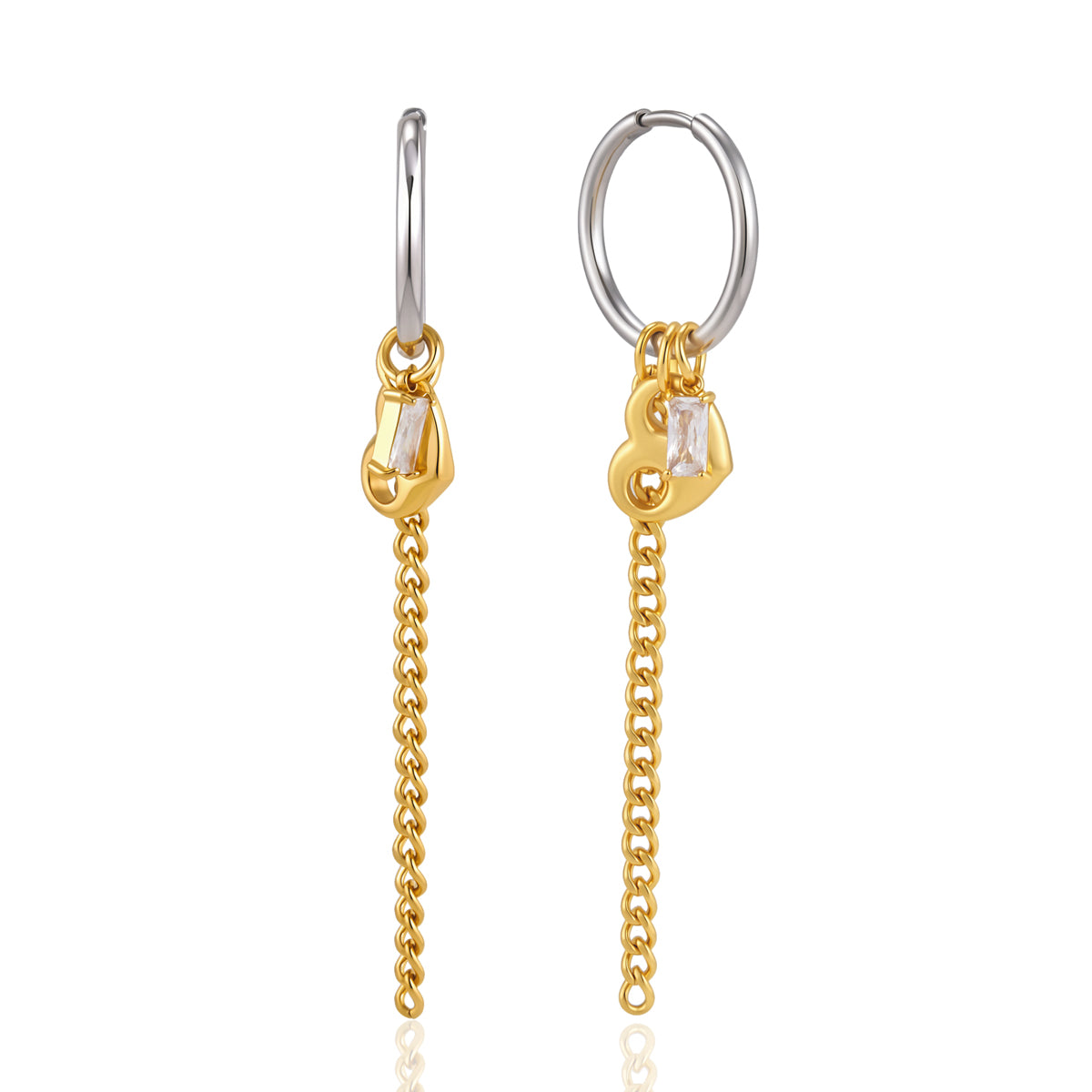 J&D Jewelry Two Tone Heart Tassel Earrings Square Zirconia Stainless Steel 18K Gold