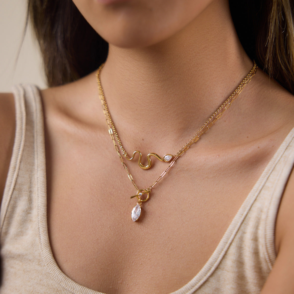 J&D Jewelry Snake Wave Necklace 18K Gold Plated Stainless