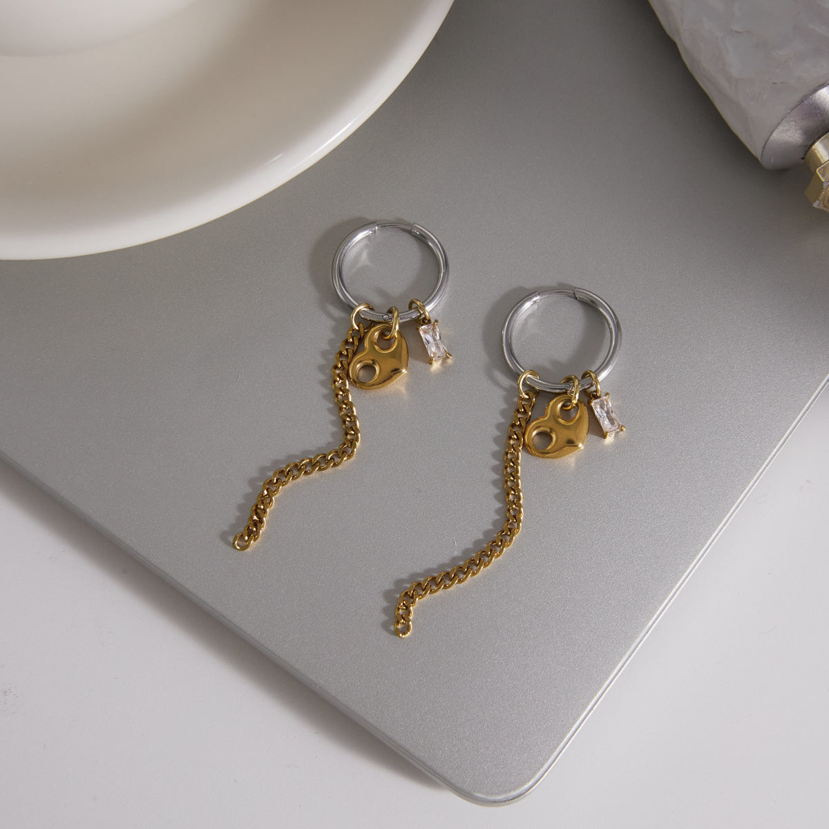 J&D Jewelry Two Tone Heart Tassel Earrings Square Zirconia Stainless Steel 18K Gold