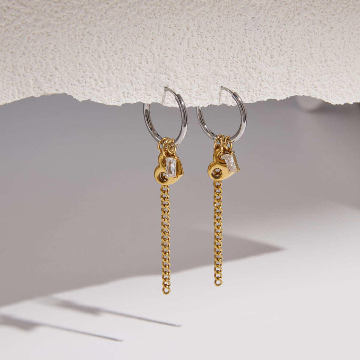 J&D Jewelry Two Tone Heart Tassel Earrings Square Zirconia Stainless Steel 18K Gold