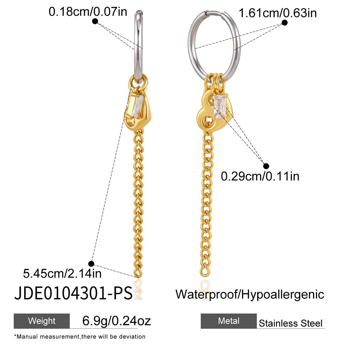 J&D Jewelry Two Tone Heart Tassel Earrings Square Zirconia Stainless Steel 18K Gold