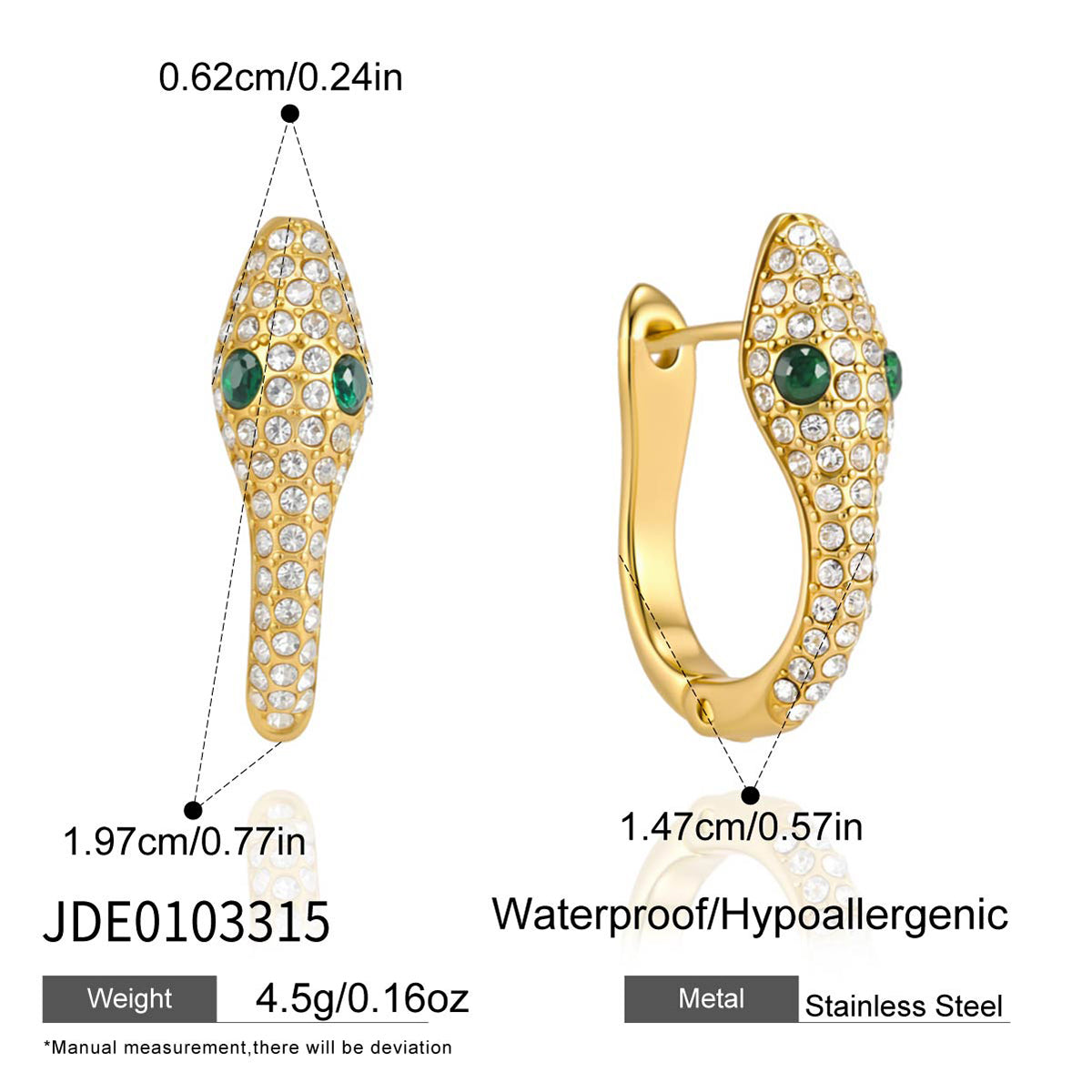 J&D Jewelry Luxury Snake Serpent Huggie Earrings 18K Gold