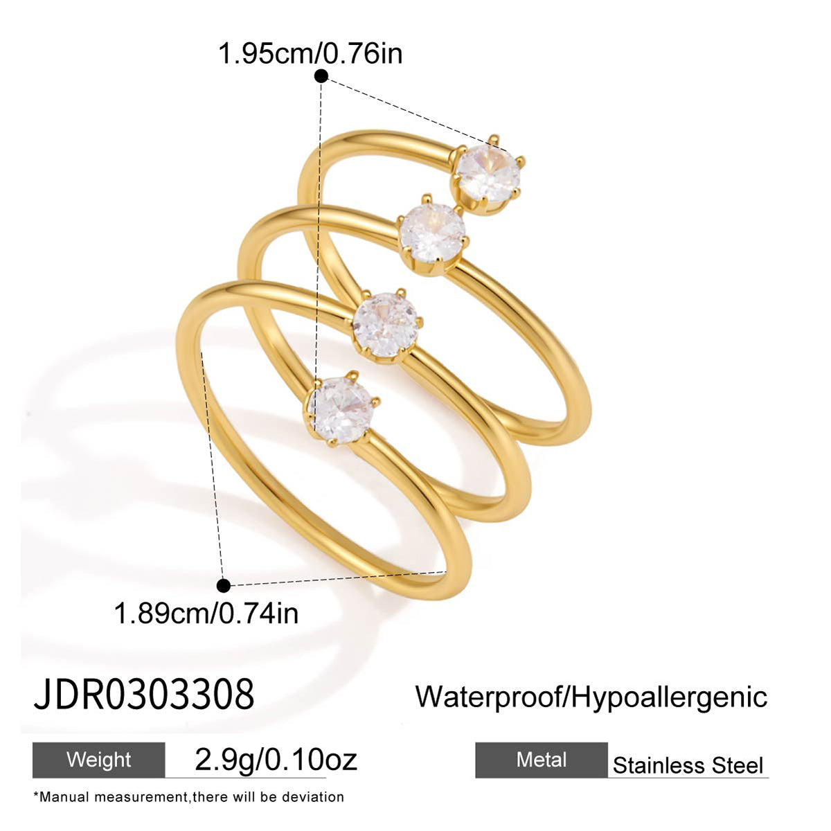 J&D Jewelry 18K Gold Plated Stainless Steel Multi Layer Open Ring