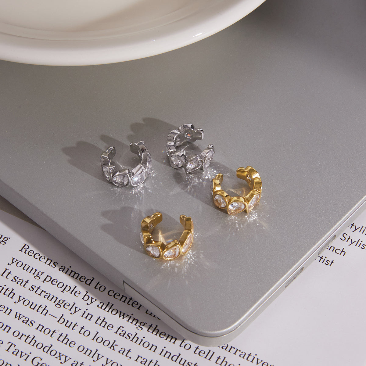 J&D Jewelry 18K Gold Plated Stainless Steel Teardrop Zirconia Ear Cuffs