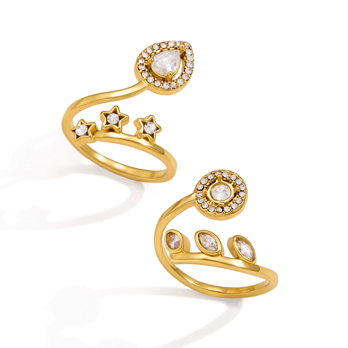 J&D Jewelry Sweet Star and Teardrop CZ Open Ring 18K Gold Plated Stainless Steel