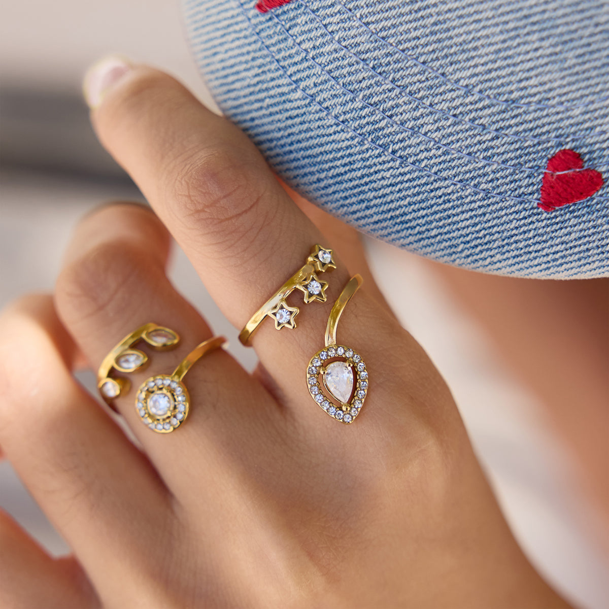 J&D Jewelry Sweet Star and Teardrop CZ Open Ring 18K Gold Plated Stainless Steel