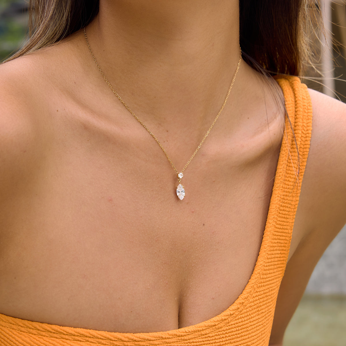 J&D Jewelry Delicate Marquise CZ Pendant Necklace Gold Plated Stainless Steel