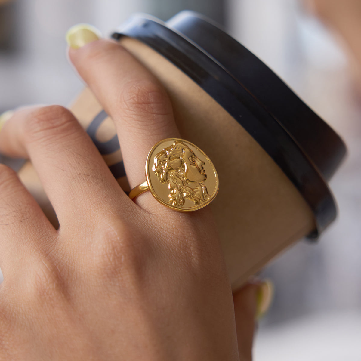 J&D Jewelry Vintage Portrait Coin Open Ring 18K Gold Plated Stainless Steel