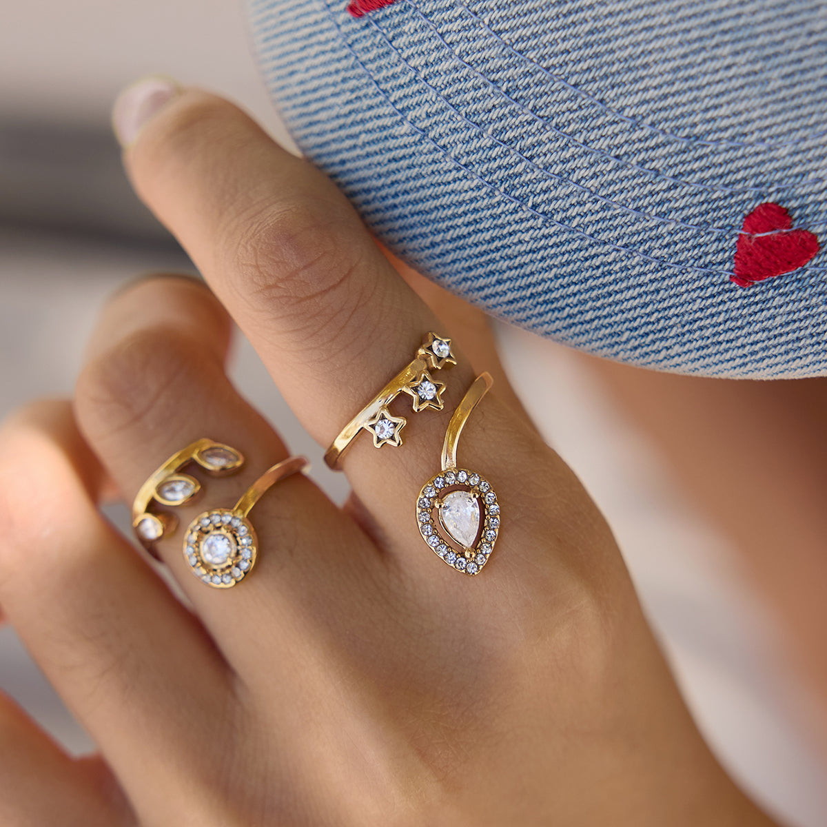 J&D Jewelry Sweet Star and Teardrop CZ Open Ring 18K Gold Plated Stainless Steel