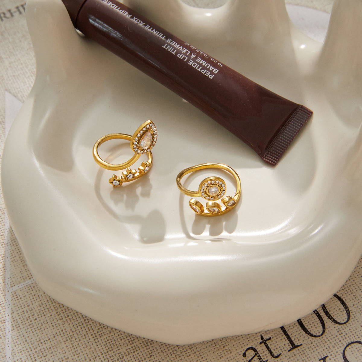 J&D Jewelry Sweet Star and Teardrop CZ Open Ring 18K Gold Plated Stainless Steel