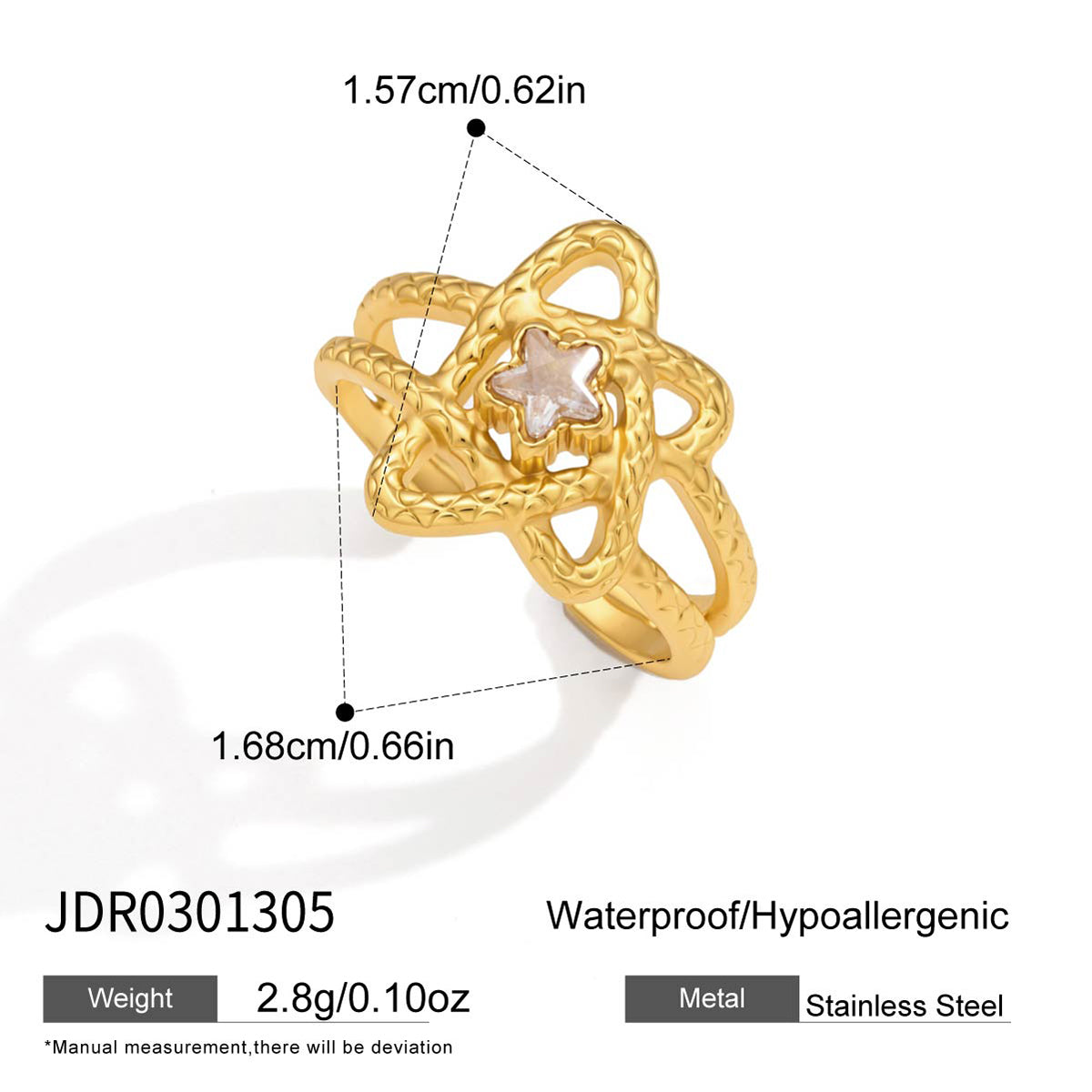 J&D Jewelry Sweet Star CZ Open Ring Gold Plated Stainless Steel