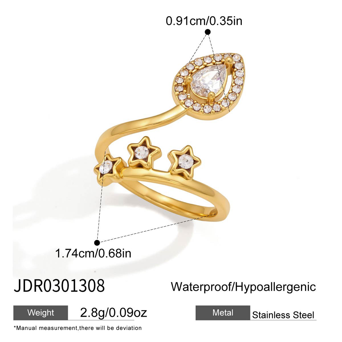 J&D Jewelry Sweet Star and Teardrop CZ Open Ring 18K Gold Plated Stainless Steel