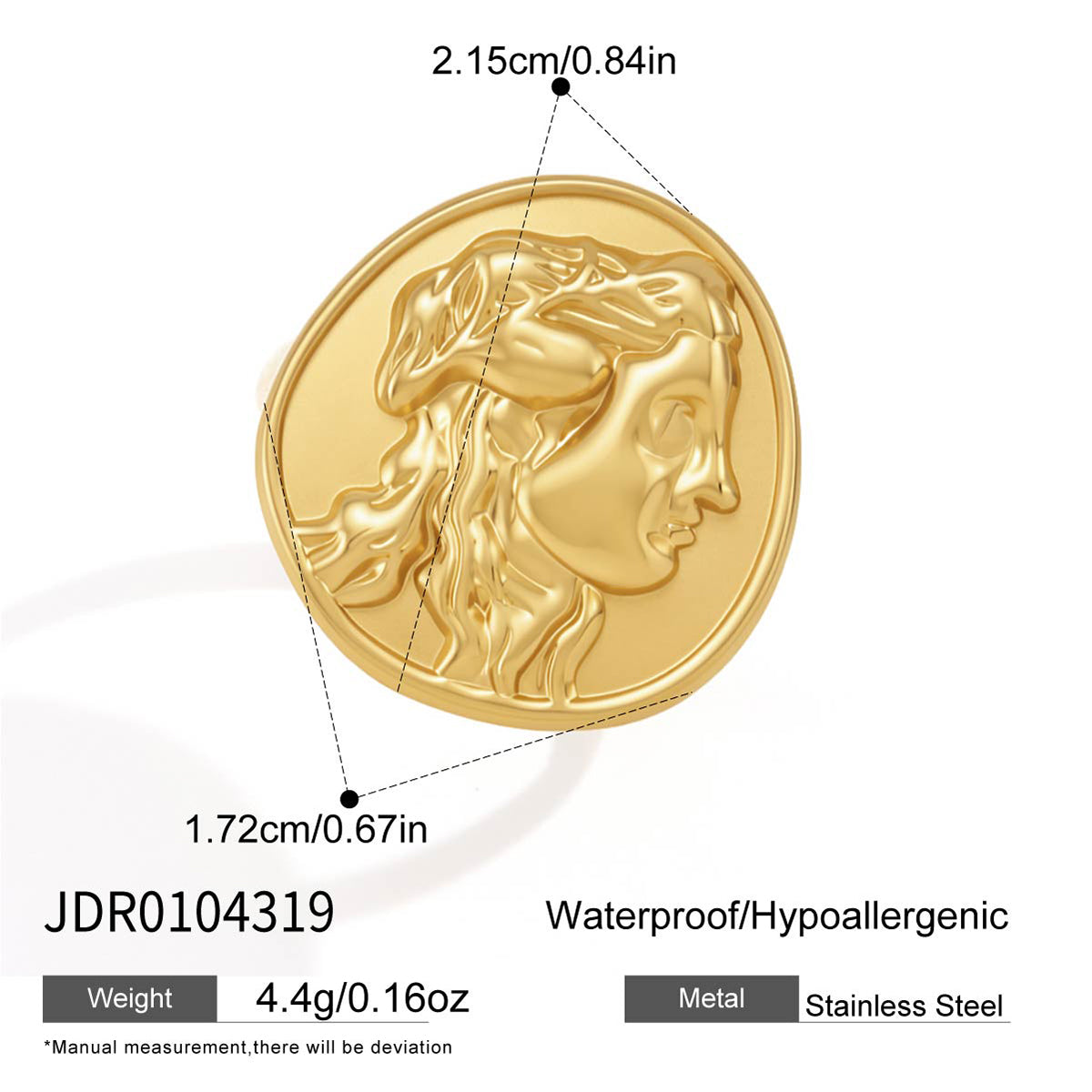 J&D Jewelry Vintage Portrait Coin Open Ring 18K Gold Plated Stainless Steel