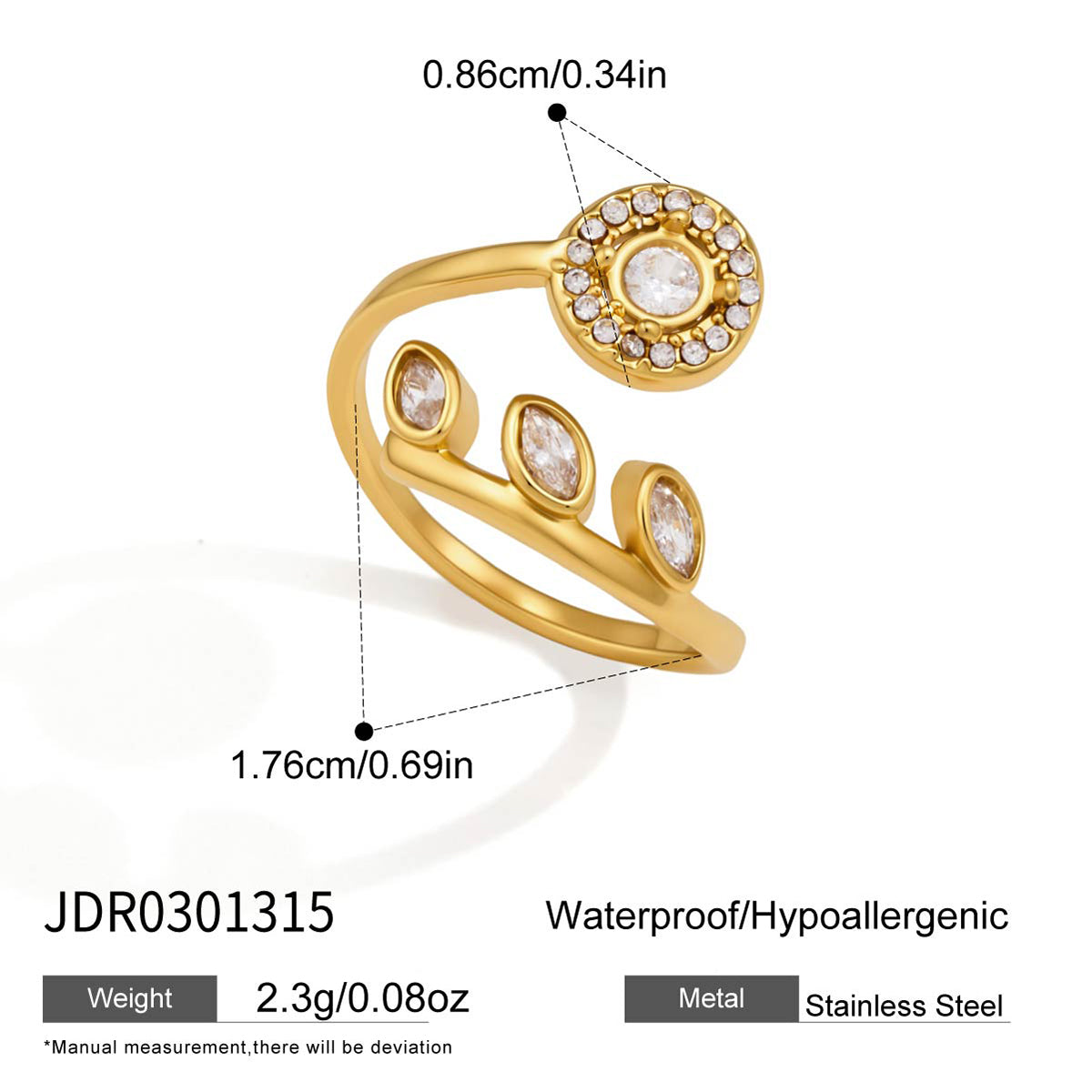 J&D Jewelry Sweet Star and Teardrop CZ Open Ring 18K Gold Plated Stainless Steel