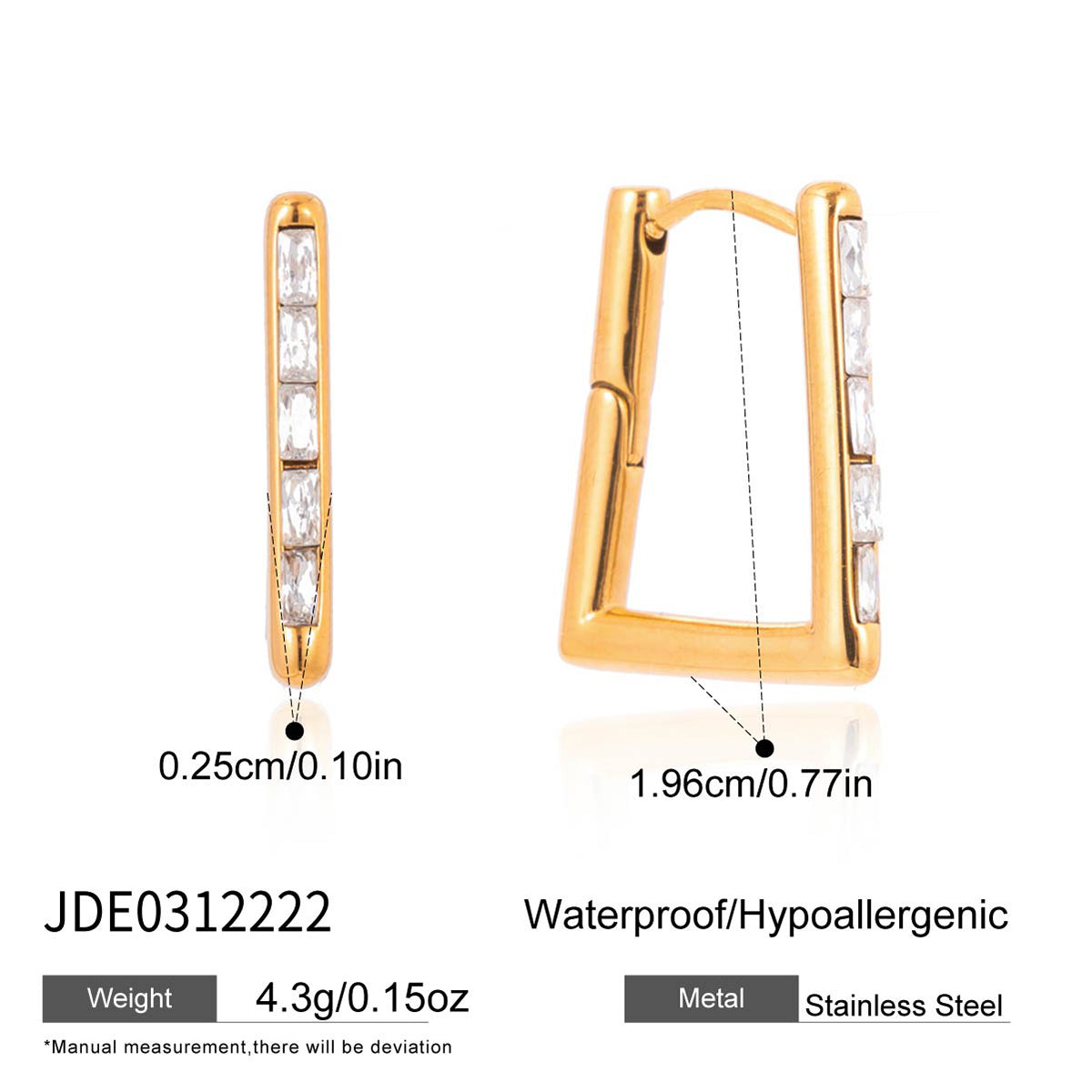 J&D  U Shaped Hoop Earrings Baguette Rhinestone
