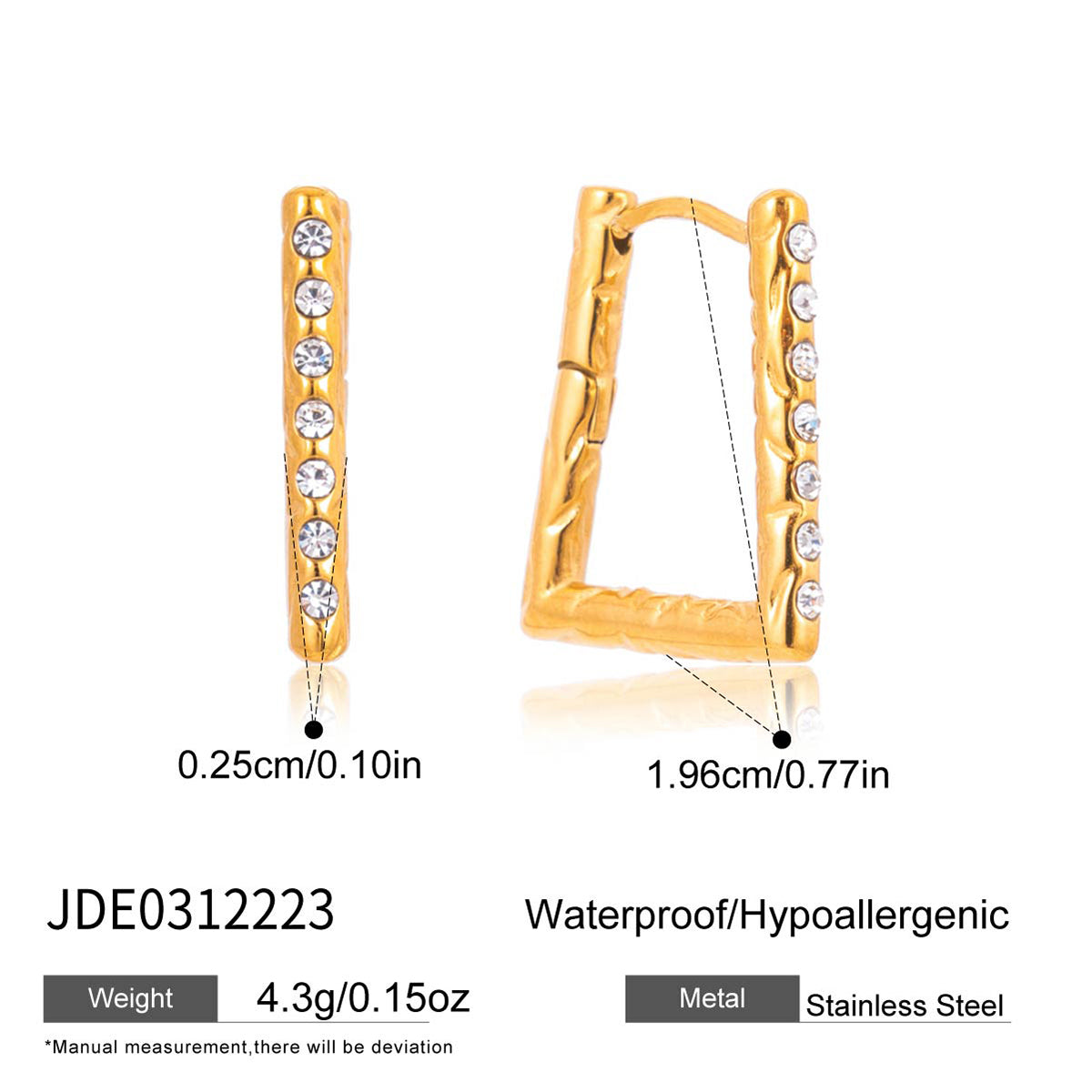 J&D  U Shaped Hoop Earrings Baguette Rhinestone