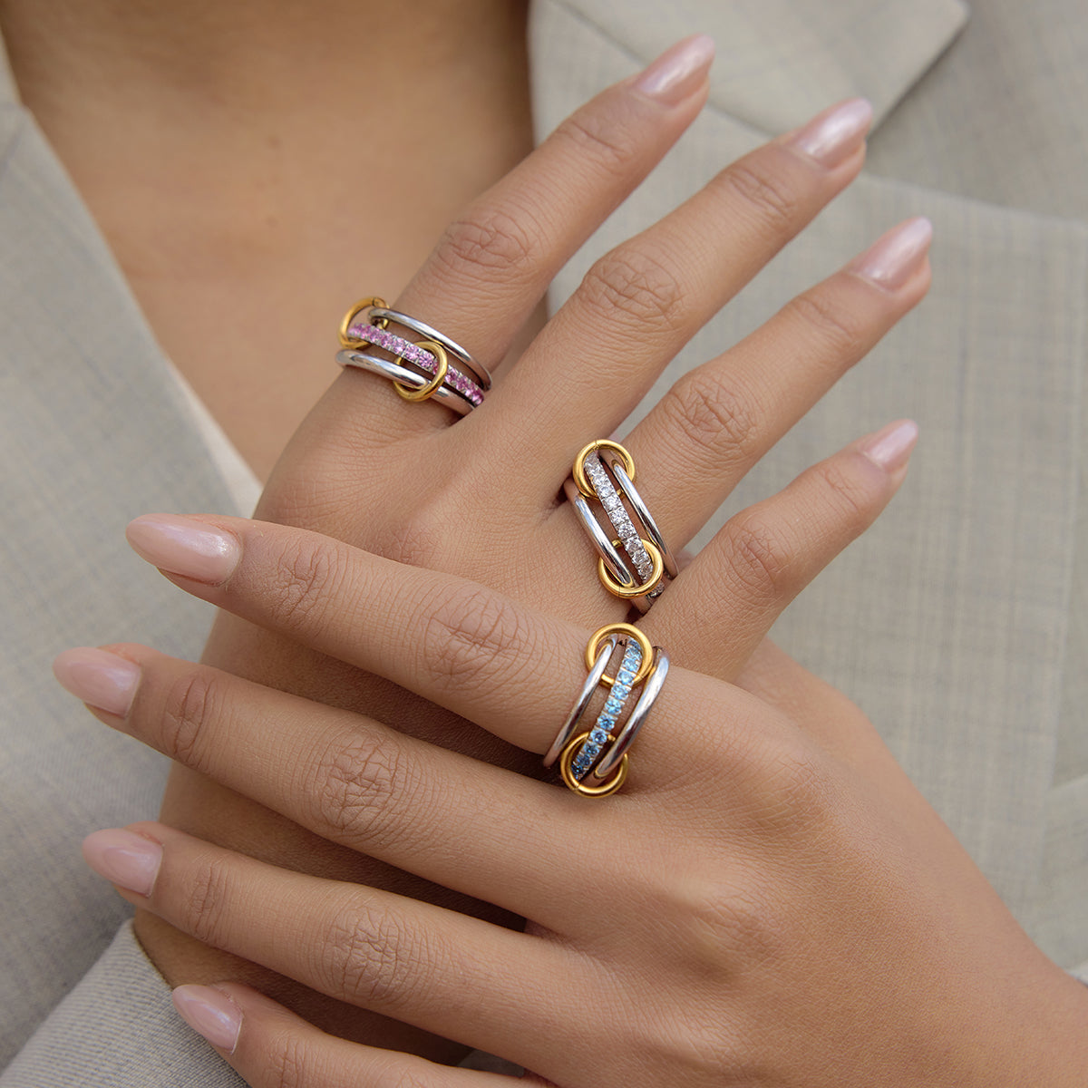 J&D  Three Layer Ring with Blue Cubic