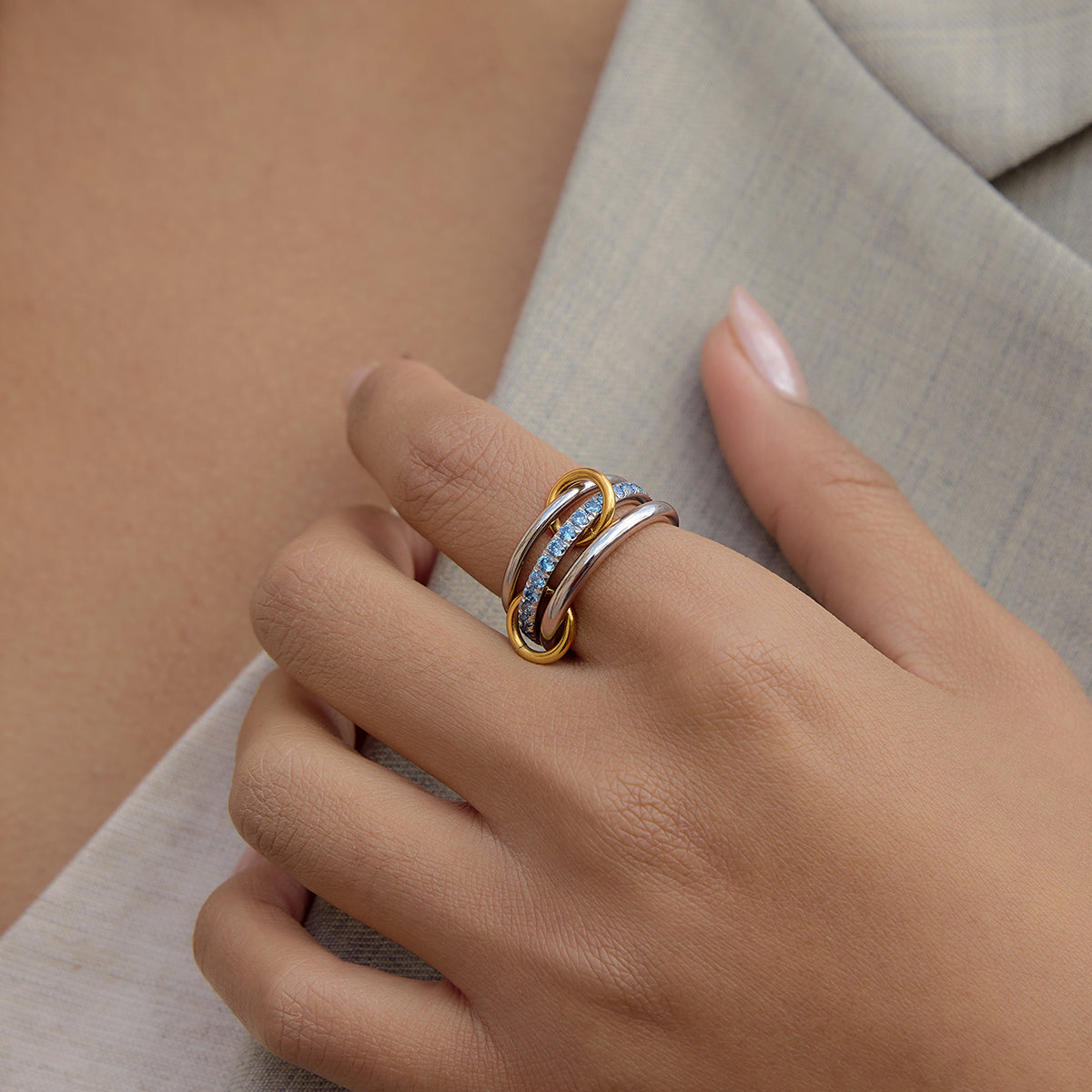 J&D  Three Layer Ring with Blue Cubic