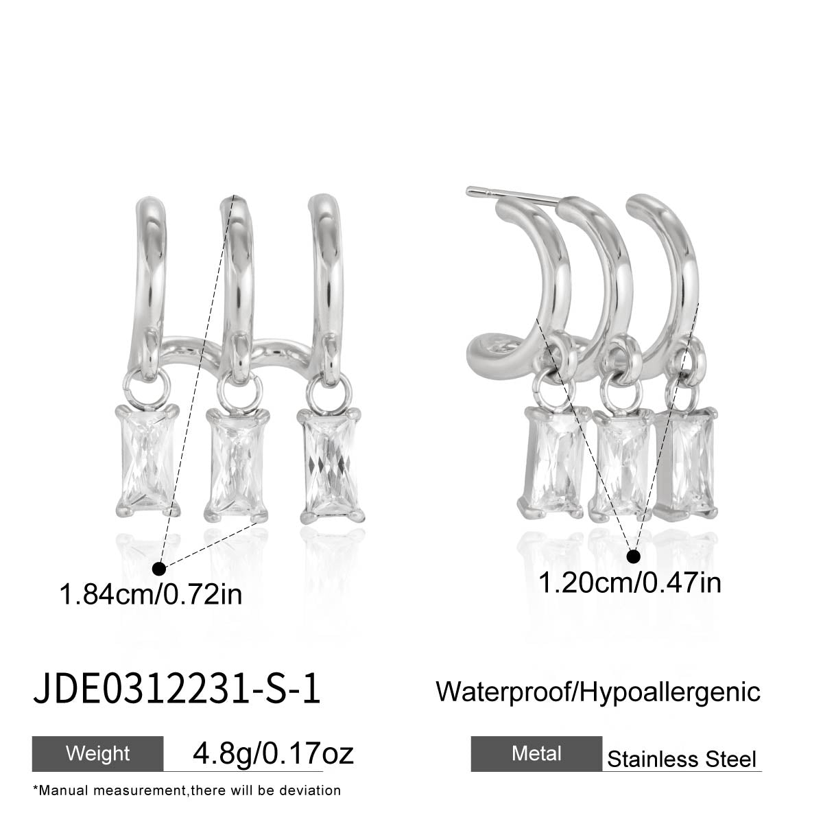 J&D  Three Row C Shaped Stud Earrings
