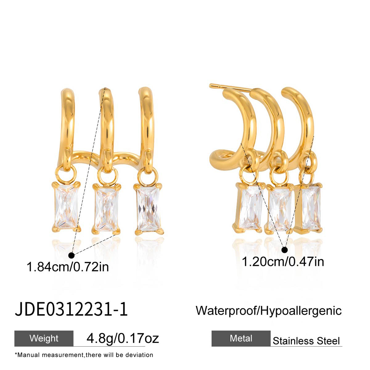 J&D  Three Row C Shaped Stud Earrings