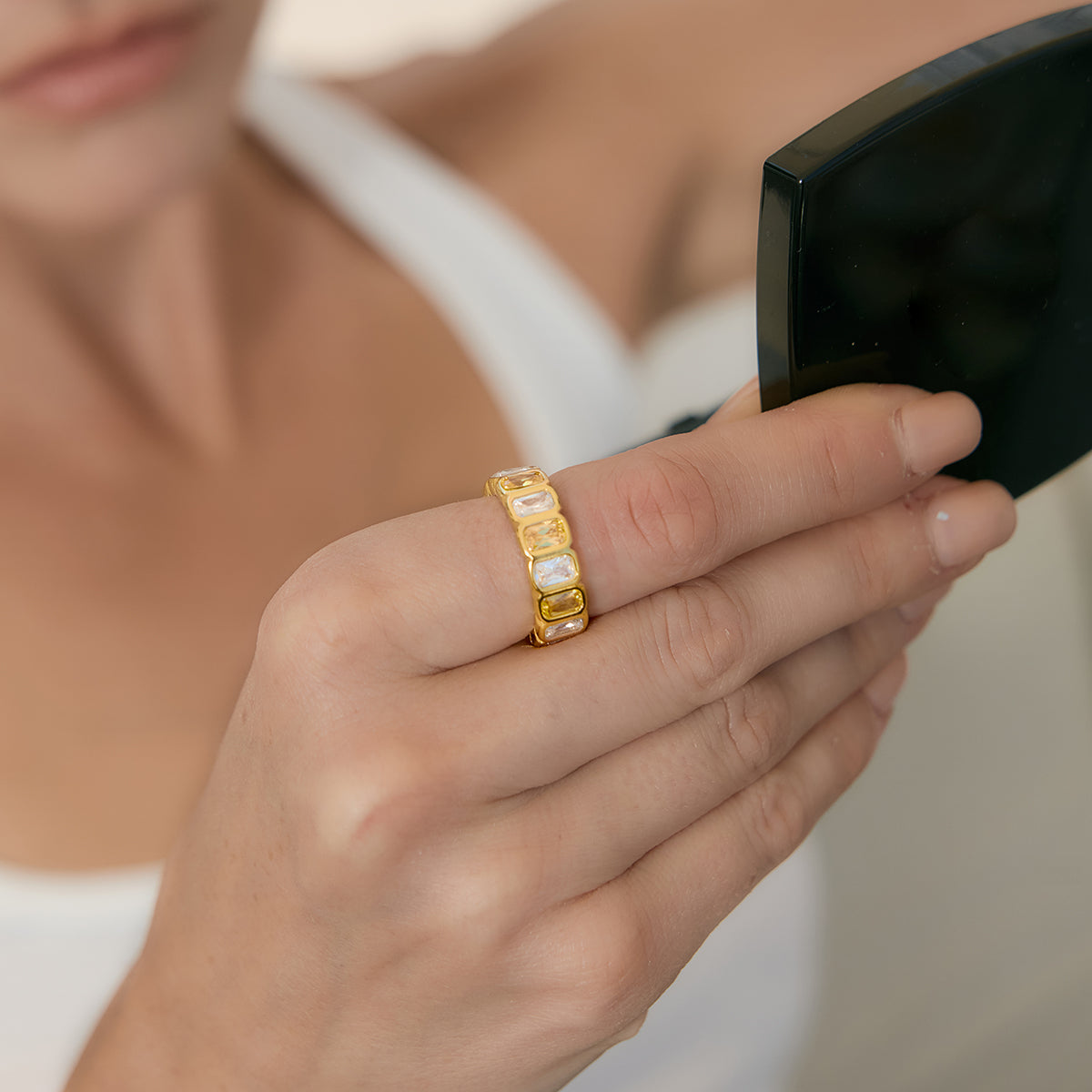 J&D  Ring Rectangle Multi Color Zirconia Inlaid