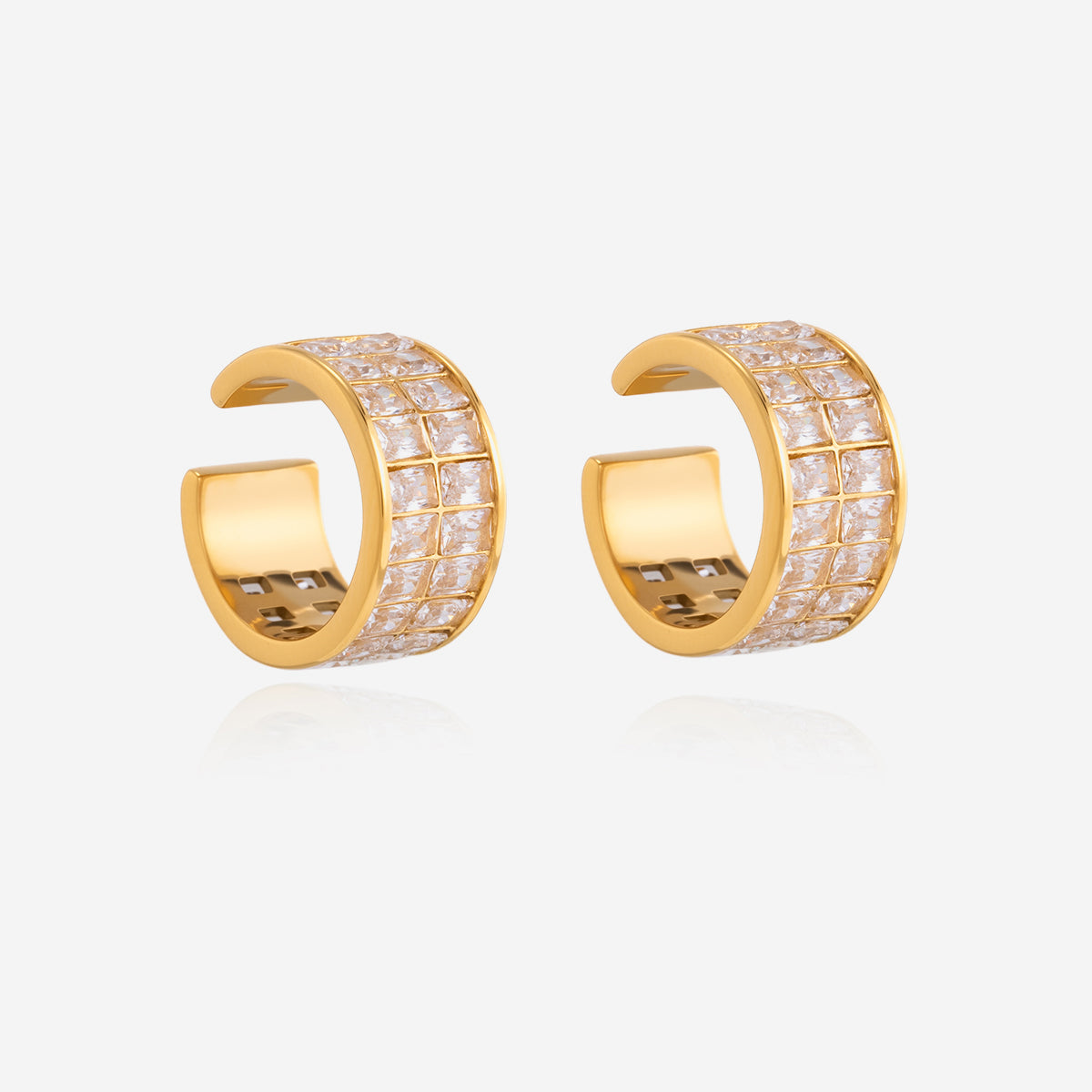 J&D 18K Gold Plate Stainless Steel Ear Cuff Classic Style Double Row White Square Zircon Ear Clips