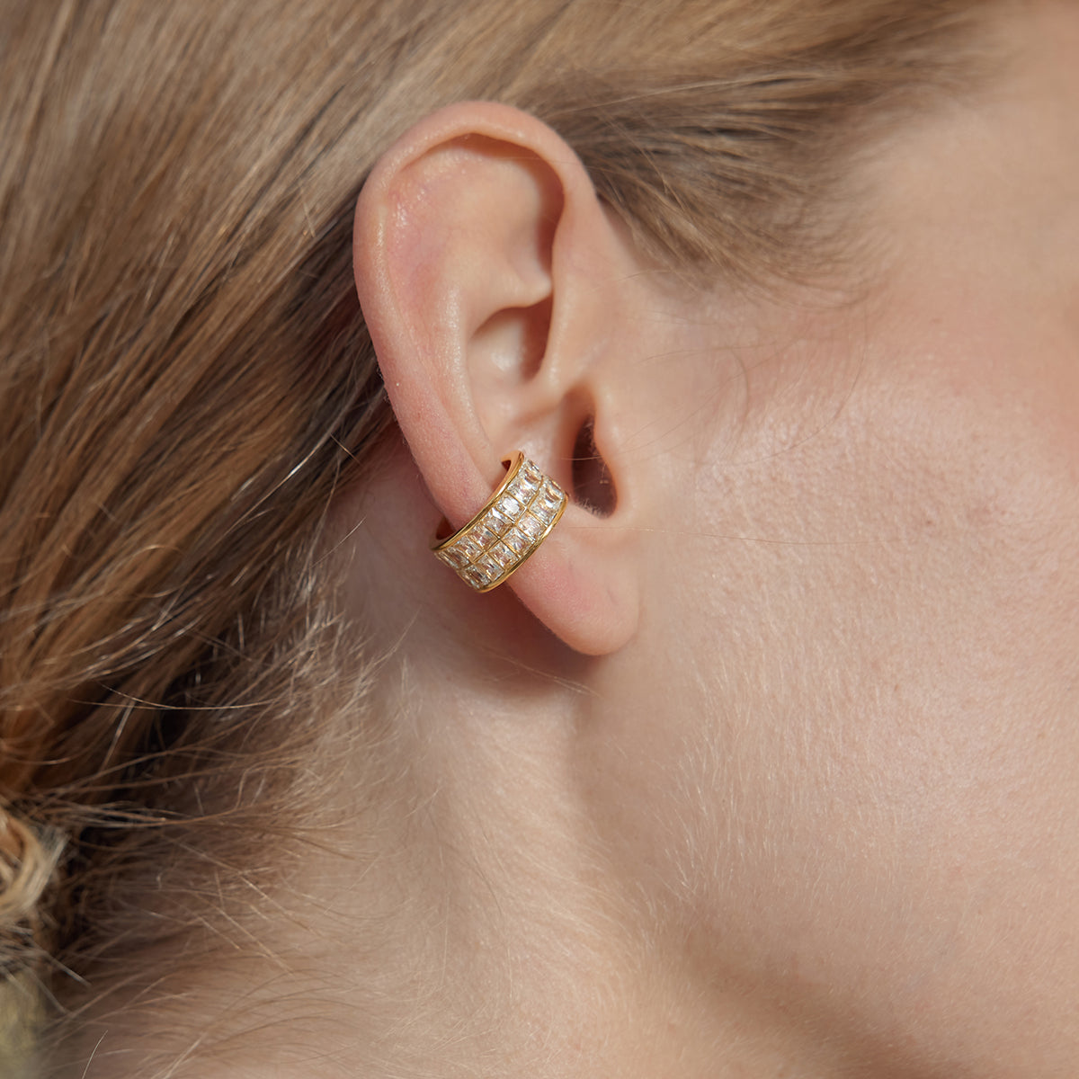 J&D 18K Gold Plate Stainless Steel Ear Cuff Classic Style Double Row White Square Zircon Ear Clips
