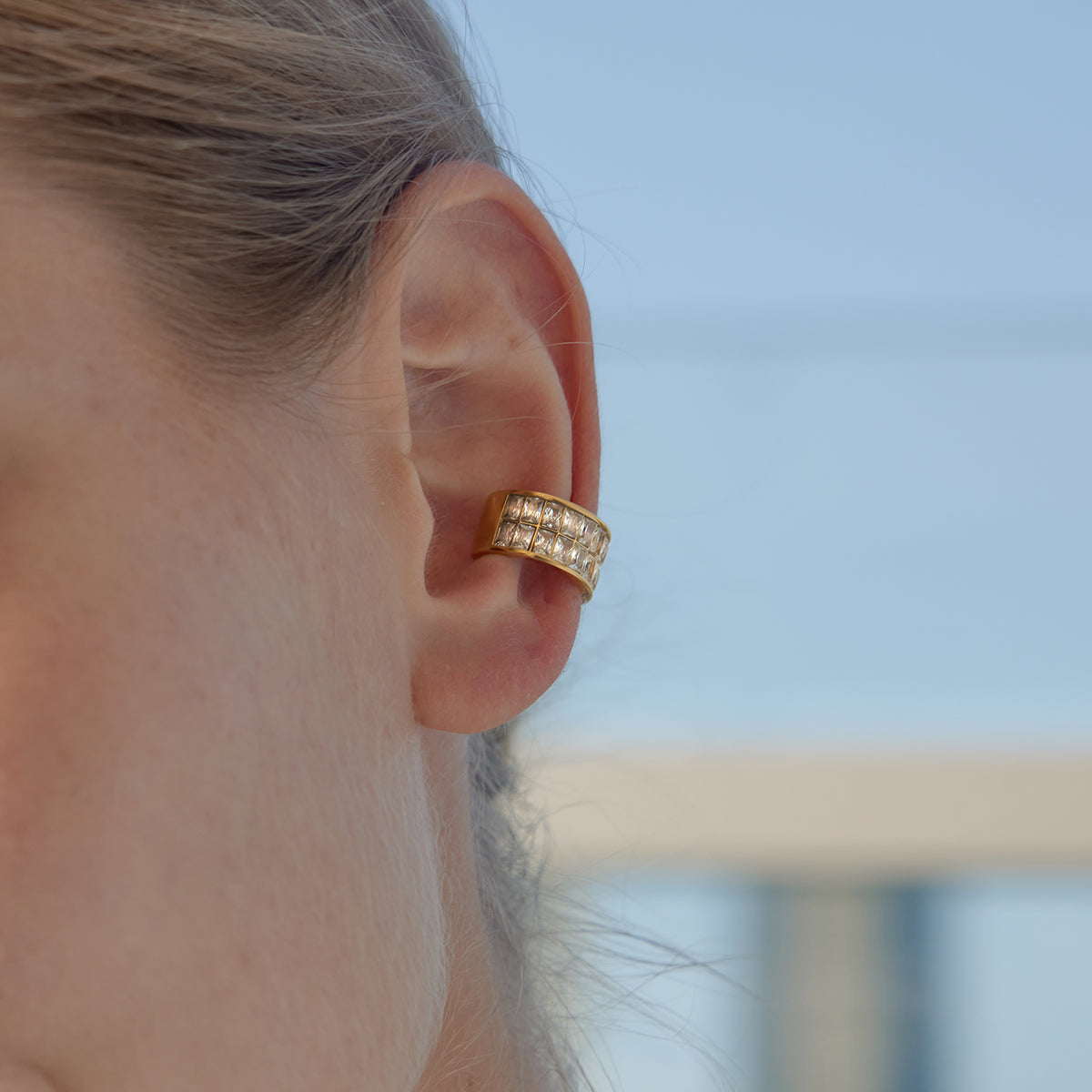 J&D 18K Gold Plate Stainless Steel Ear Cuff Classic Style Double Row White Square Zircon Ear Clips