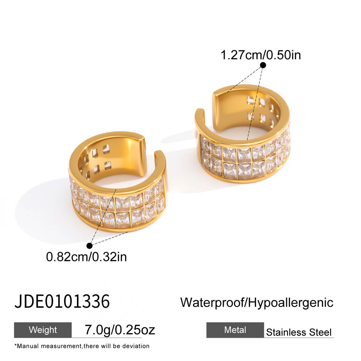 J&D 18K Gold Plate Stainless Steel Ear Cuff Classic Style Double Row White Square Zircon Ear Clips
