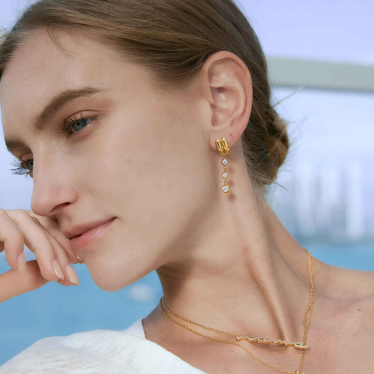 J&D  White Zircon Double Layer Tassel Dangle Earrings