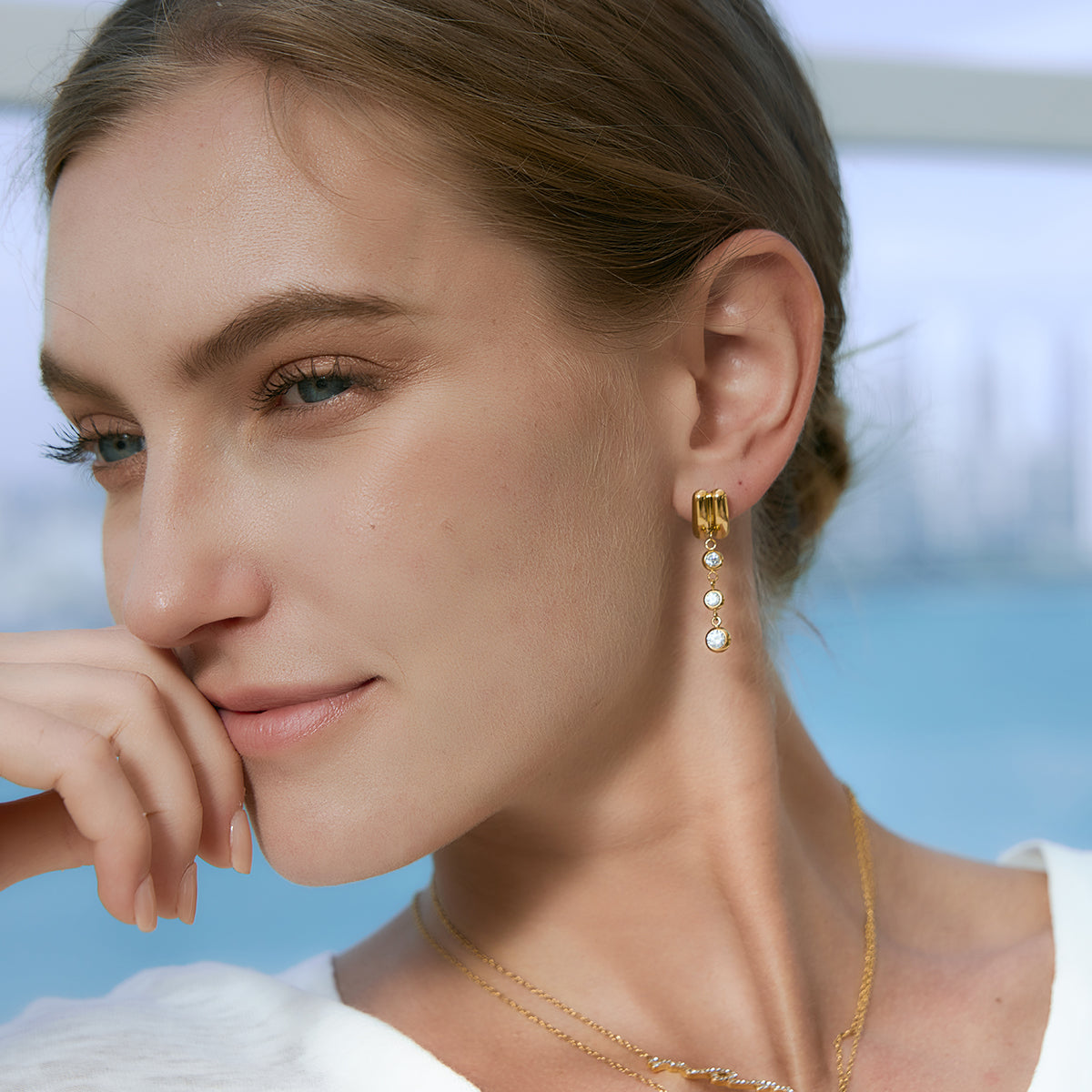 J&D  White Zircon Double Layer Tassel Dangle Earrings