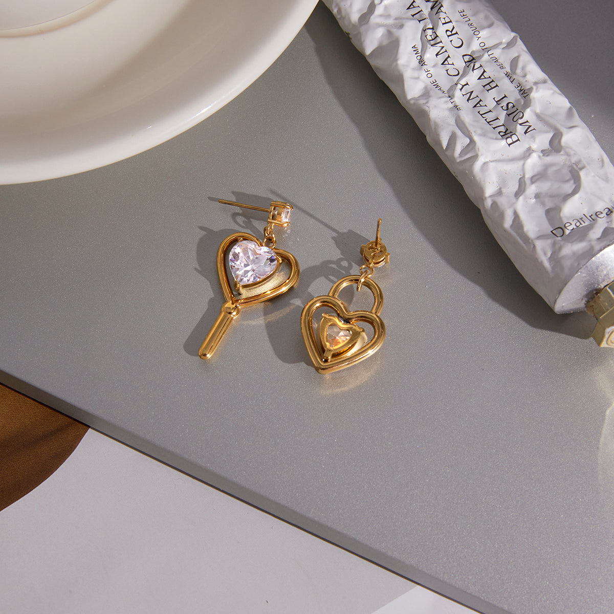 J&D  Key Earring Asymmetrical Heart Pendant