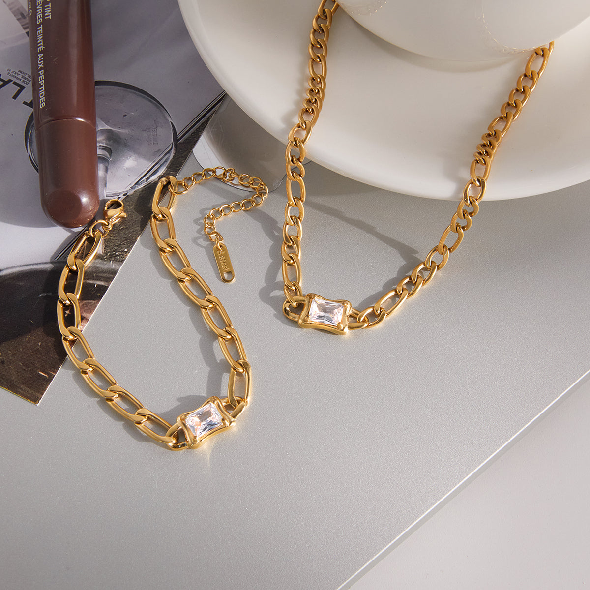 J&D  Plated Necklace Bracelet with Square CZ Accents