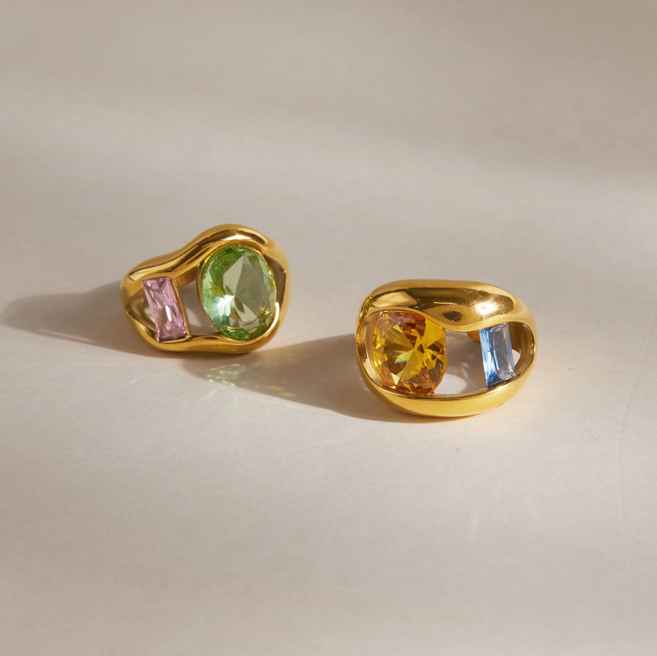 Ladies' Style - Classic Style / 18K Gold Stainless Steel + Zirconium / Yellow and Blue Zirconium Wide Face Hollowed-out Large Zirconium Opening Ring