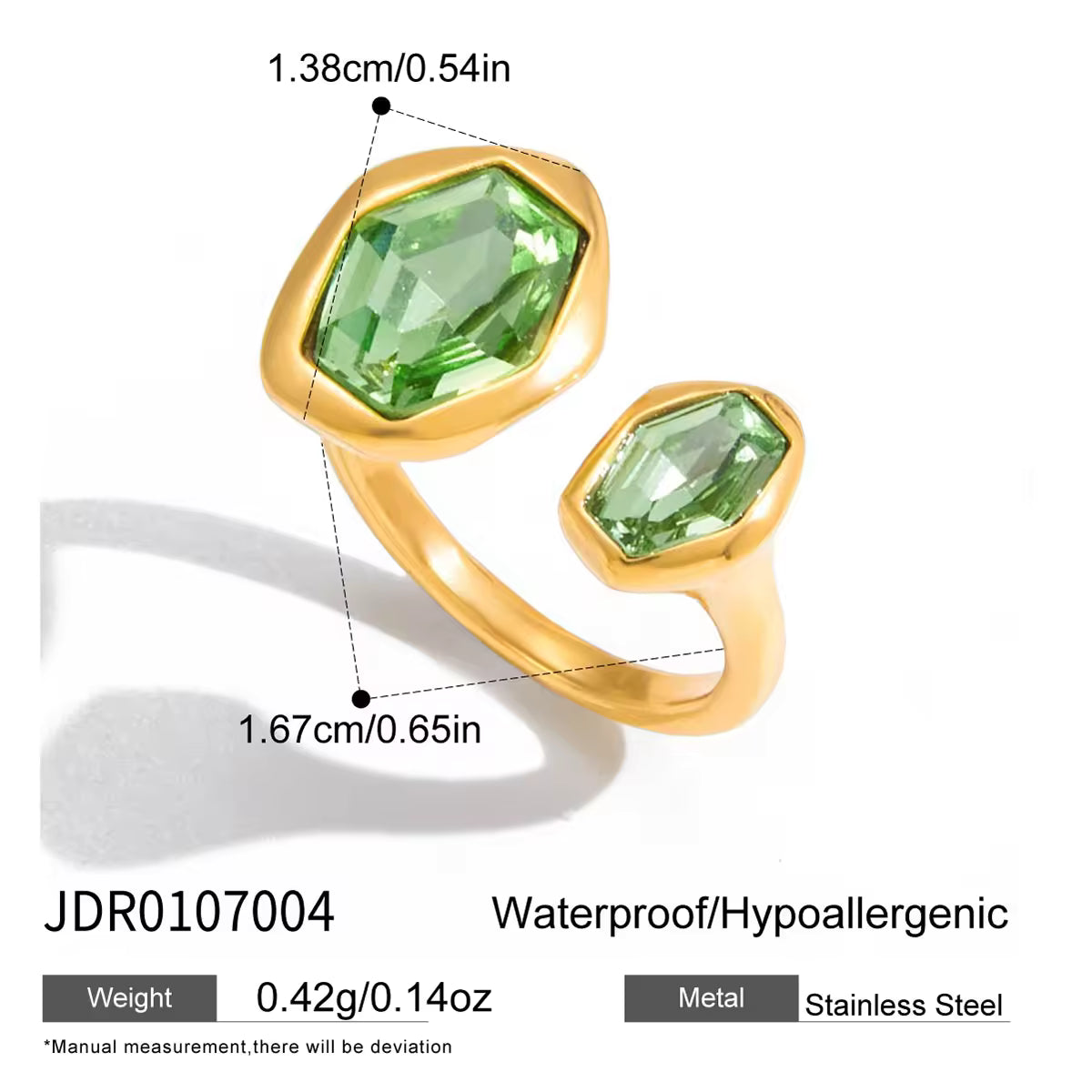 Jewelry Ladies Modern Minimalist 18K Gold Stainless Steel Green Zircon Geometrically Asymmetric Open Ring