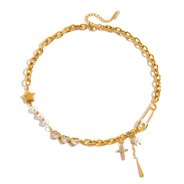 J&D Minimalist 18K Gold Plated Stainless Steel Imitation Pearl Chain Jewelry Chain Necklace