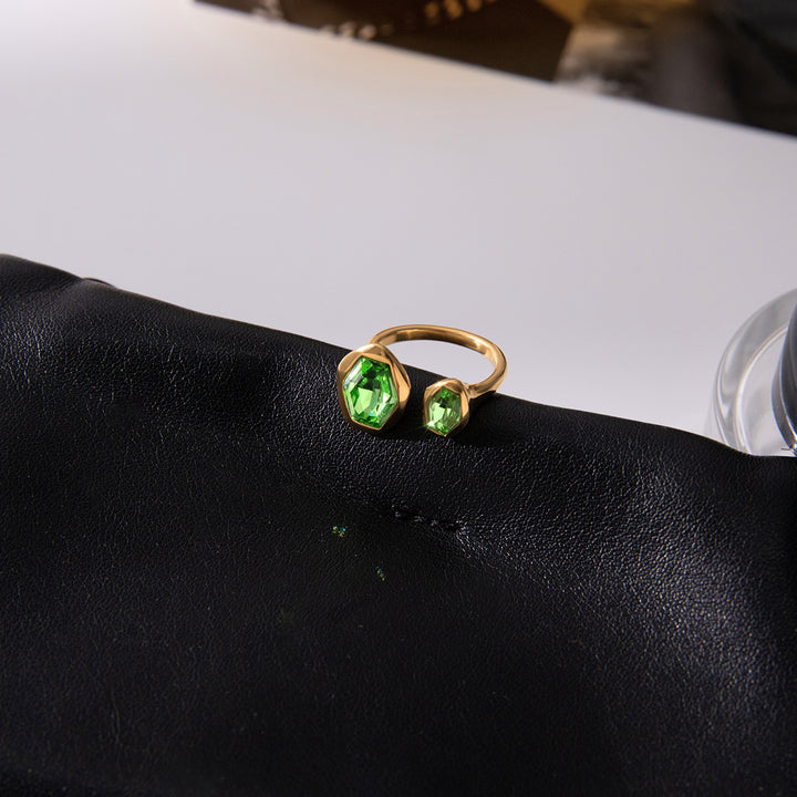 J&D Jewelry Ladies Modern Minimalist 18K Gold Stainless Steel Green Zircon Geometrically Asymmetric Open Ring