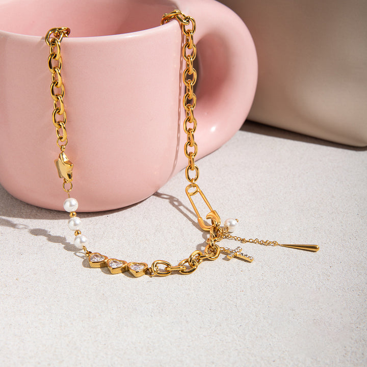 J&D Minimalist 18K Gold Plated Stainless Steel Imitation Pearl Chain Jewelry Chain Necklace
