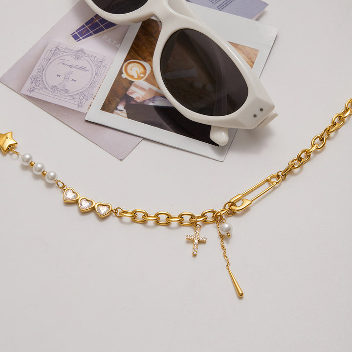 J&D Minimalist 18K Gold Plated Stainless Steel Imitation Pearl Chain Jewelry Chain Necklace