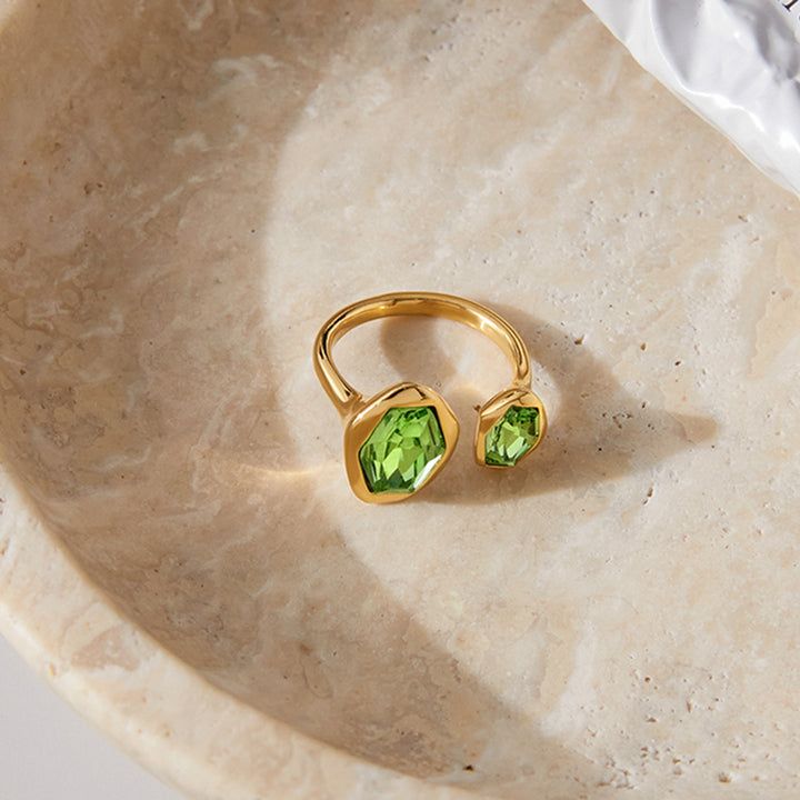 J&D Jewelry Ladies Modern Minimalist 18K Gold Stainless Steel Green Zircon Geometrically Asymmetric Open Ring