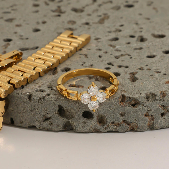 J&D Modern Luxury 18K Gold Stainless Steel Lucky Leaf Clover Zircon Watch Rings for Women