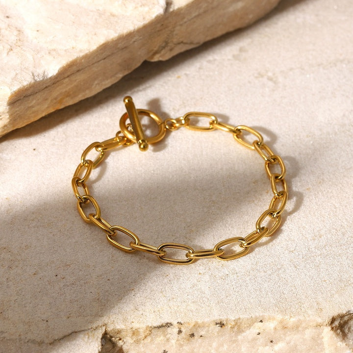 Gold Plated Simple Classic Gold Link Chain Paperclip Ot Toggle Stainless Steel Oval Bracelet