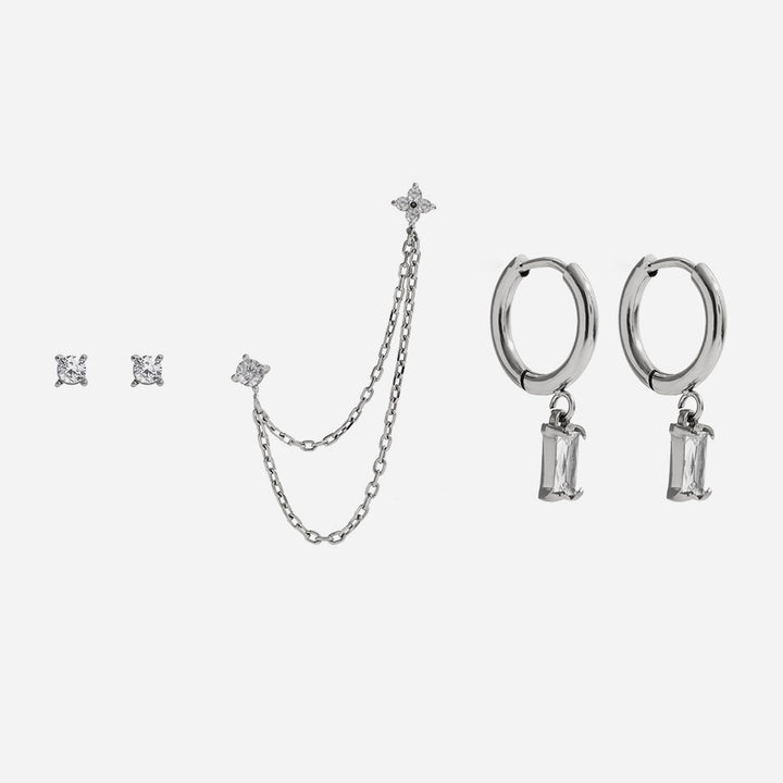 J&D Classic Lucky Leaf Asymmetric Earring Stainless Steel Silver Color Four Leaf Clover Square White Green Zircon Earring Set