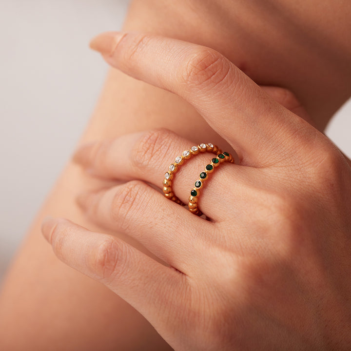 INS Dainty Thin Bead Green Zircon Ring Jewelry Stainless Steel Zirconia Paved Bead Open Ring