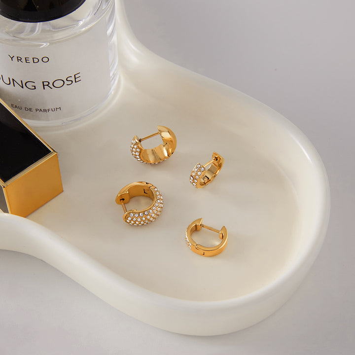 J&D Elegant Rhinestone Hoop Earring 18K Gold Stainless Steel Classic White Crystal Chunky U Shape Hoop Earrings
